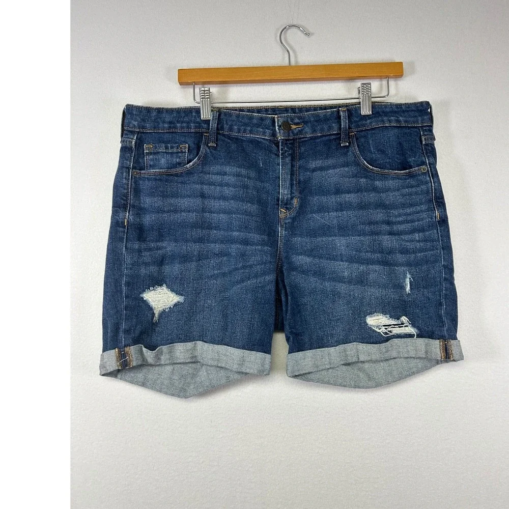 Old Navy Denim Shorts Women 14 Blue Distressed Cuffed Mid Rise Boyfriend Stretch